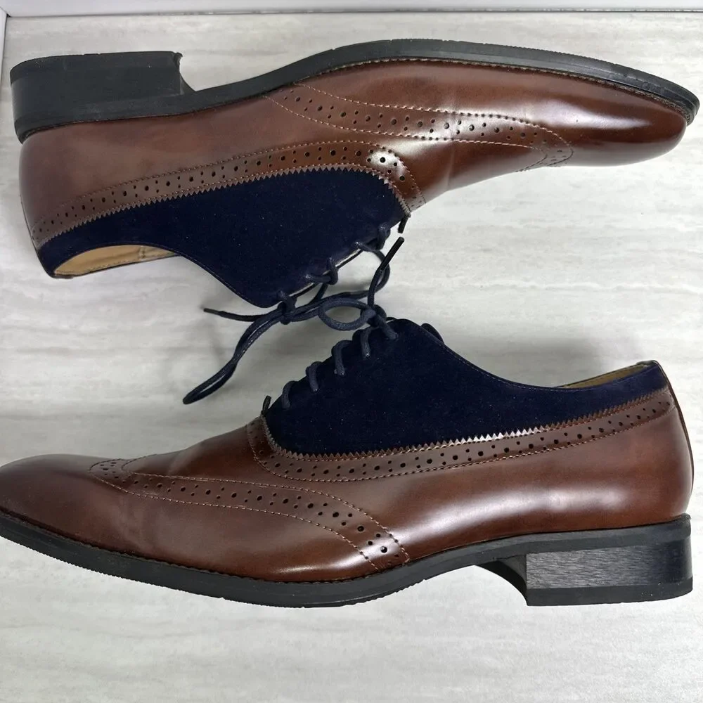 Gino Vitale Men’s Lace Up Wingtip Oxford Dress Shoe Two tone Brown Navy Suede 12